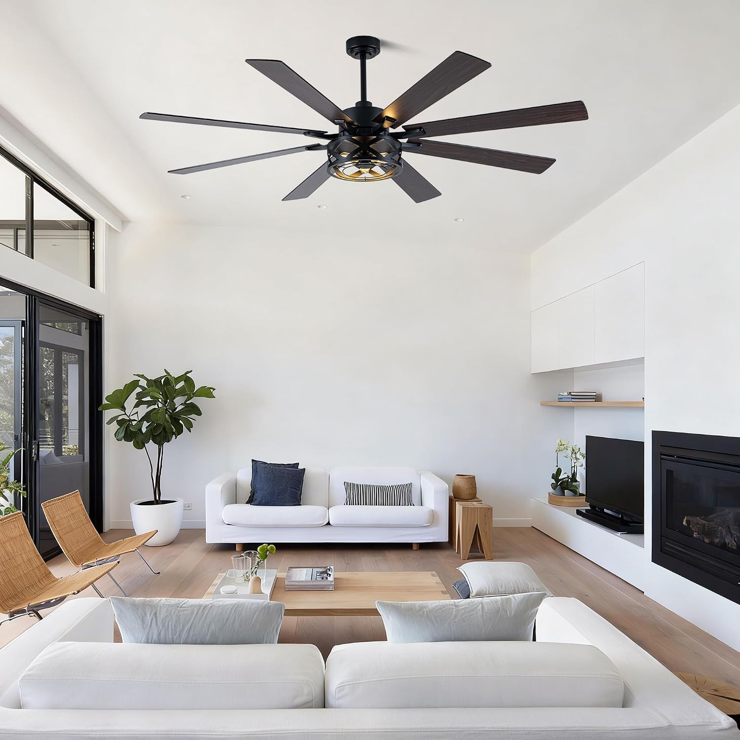 Dawn Whisper Black Ceiling Fans with Lights 72 Inch Farmhouse Ceiling Fan with Remote Quiet Reversible DC Motor 6 Speeds 8 Blades Large Industrial Chandelier Fan for Living Room Bedroom