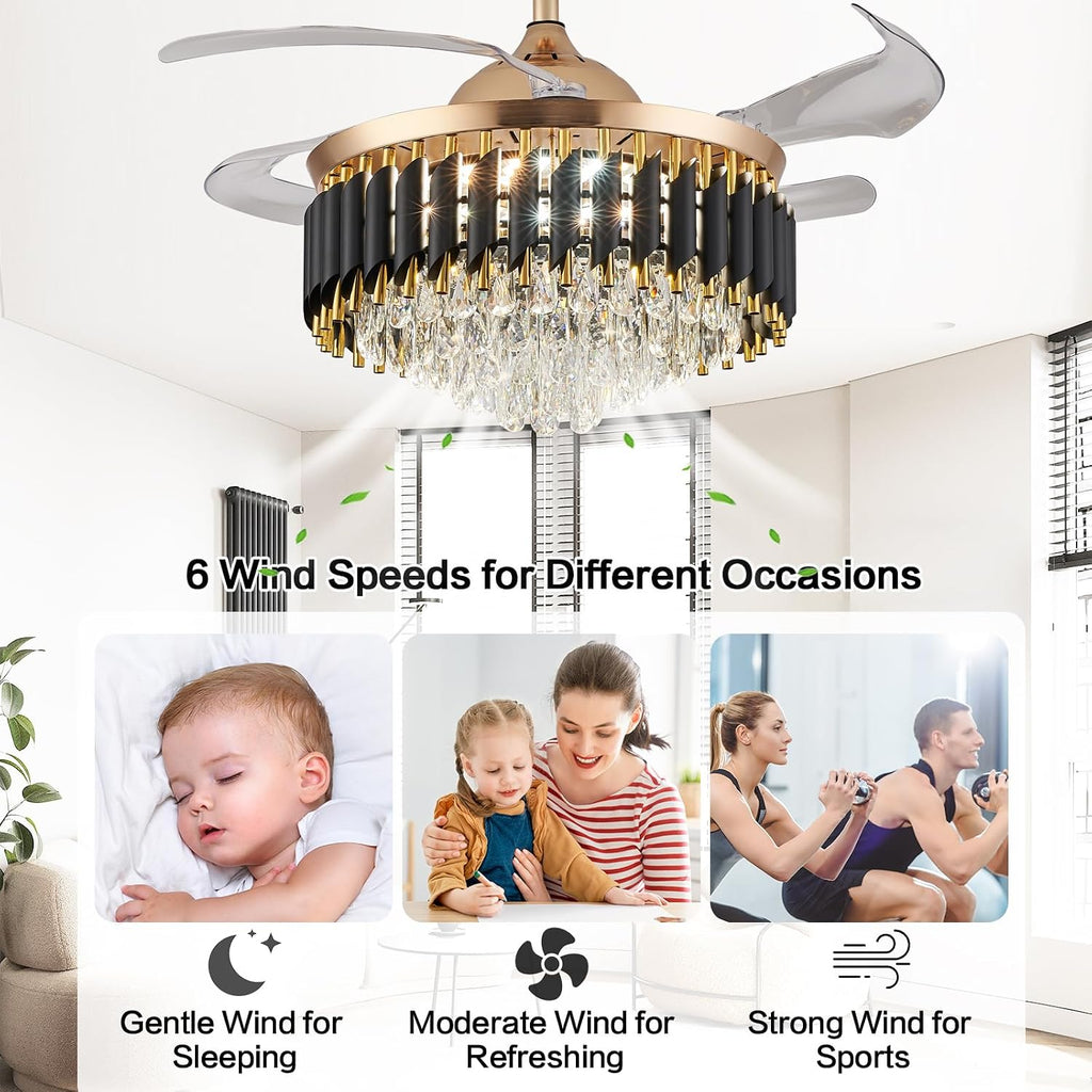 48' Dimmable Black and Gold Crystal Chandelier with Fan, Gold Fandelier Ceiling Fans with Lights and Remote Modern Retractable Blade Ceiling Fans for Dinning Room Living Room Kitchen