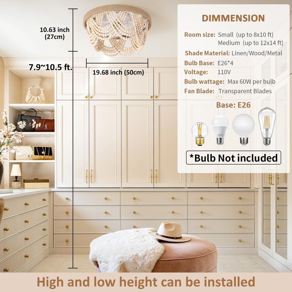 20' Boho Ceiling Fan with Light, Coastal Fandelier Ceiling Fans with Lights and Remote Control,Caged Wood Beaded Flush Mount with 6 Speeds for Living Room Bedroom Nursery