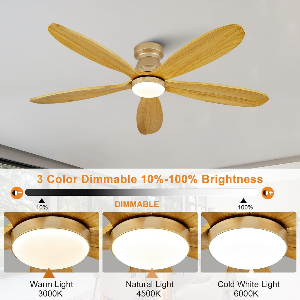 52 Inch Wood Ceiling Fans with Lights and Remote, Low Profile Flush Mount Modern Ceiling Fan with Light, 5 Blades, Dimmable, Wall Switch, Indoor Outdoor Black Ceiling Fan for Bedroom
