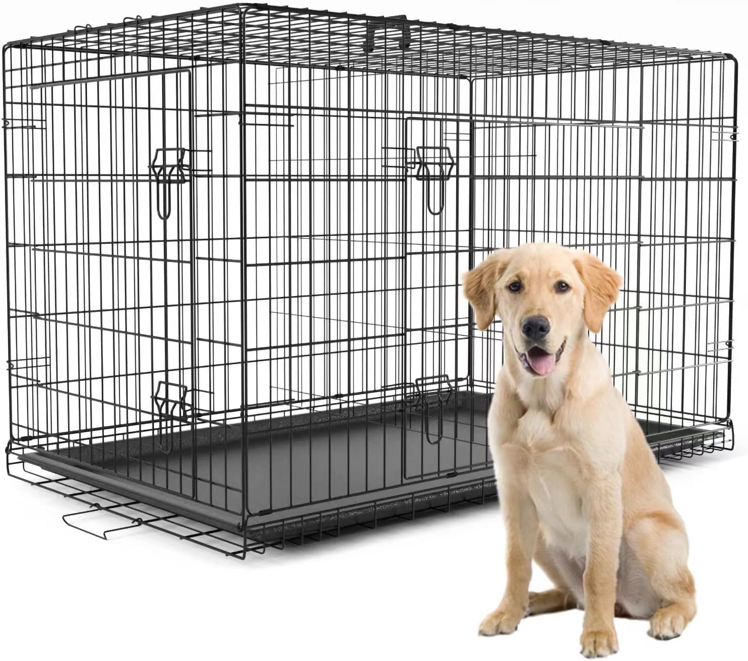 PetsTuff GREAT CRATES 42' X-Large Dog Crate - Heavy-Duty Dog Kennel With Divider Panel For Pets 65-85lbs - Durable Leaf-Proof Tray - Foldable, Carry Handle & Wheels For Easy Moving - Two-Door Dog Cage