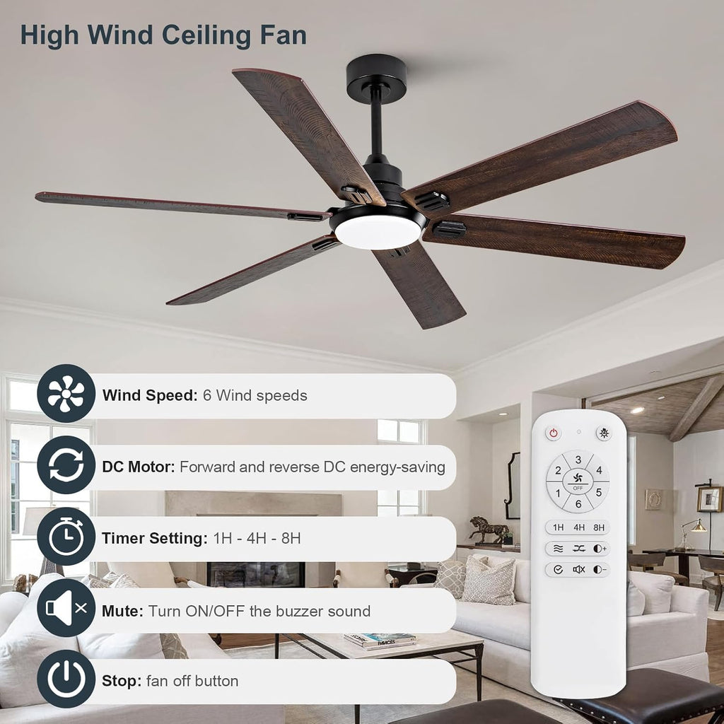 BOOMJOY 60 Inch Black Outdoor Ceiling Fans with Lights and Remote, Dimmable 6 Blade Large Outdoor Ceiling Fans for Patios, Black Ceiling Fan with Light for Bedroom Indoor Living Room