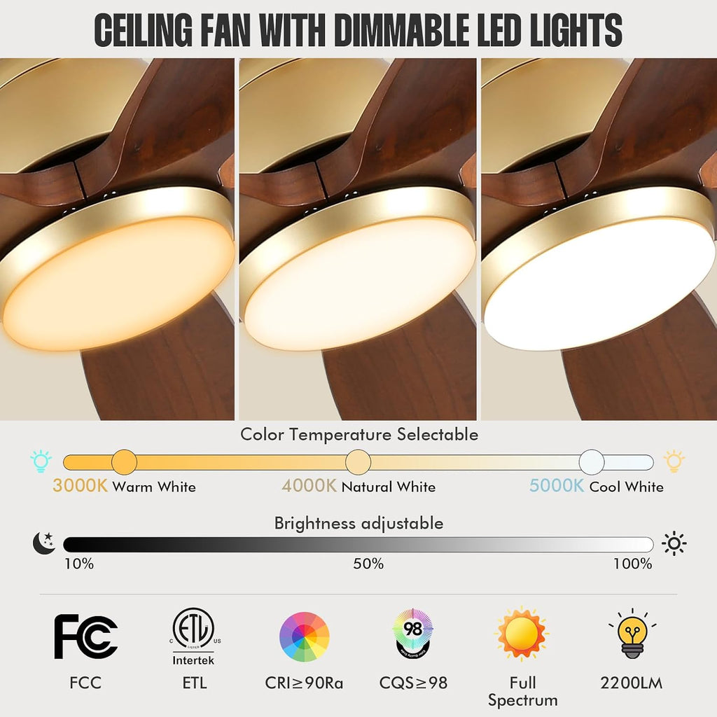 52 Inch Wood Gold Ceiling Fan with Light Remote, 5 Walnut Blades, Indoor Outdoor High CFM Propeller Damp Rated, Quiet Reversible DC Motor, for Modern Farmhouse Outside Patios Porch, 3 Downrods