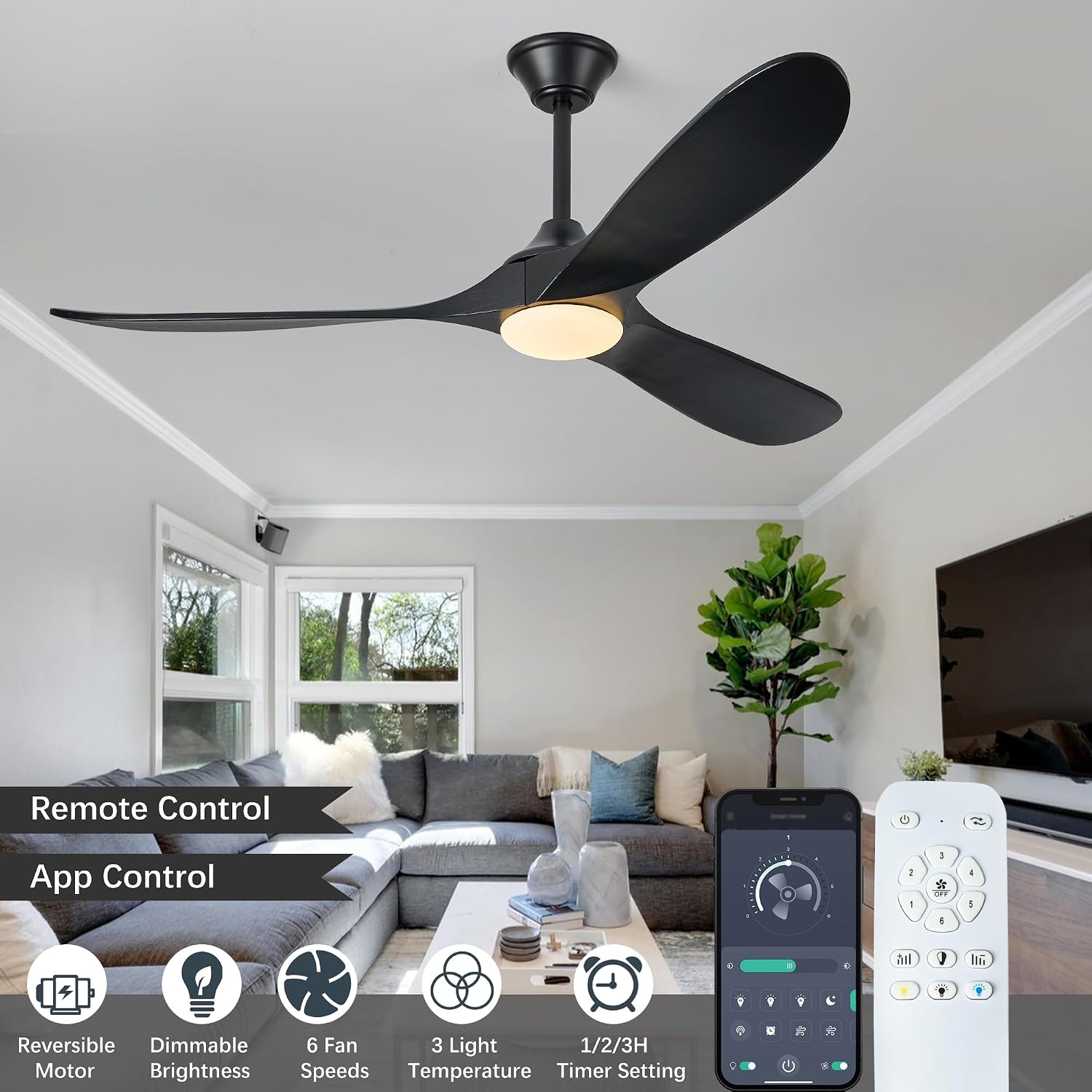 Wood Ceiling Fans with Lights and Remote, 60' Black Modern Ceiling Fan with 3 Wooden Blades, Timer and Memory Function, Outdoor Ceiling Fan with Light for Patios, Indoor, Living Room