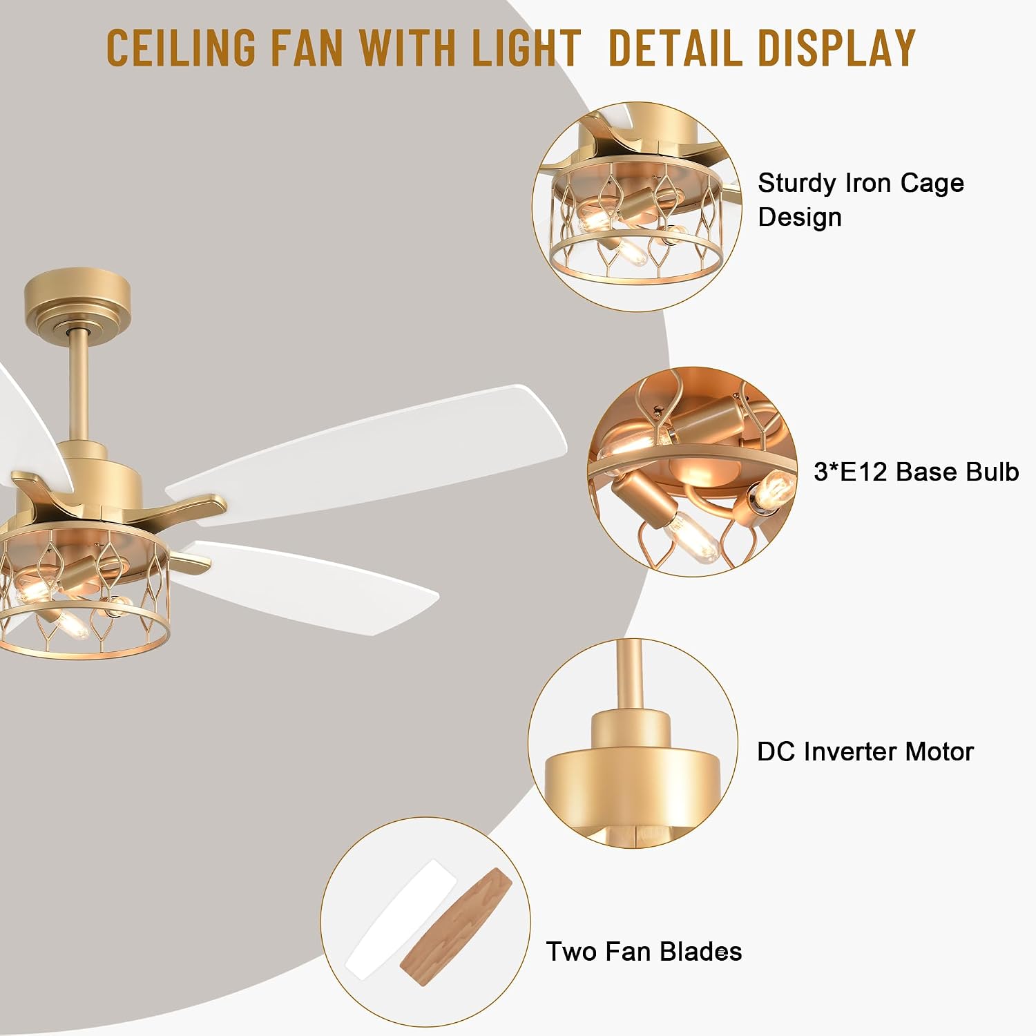 52' Farmhouse Ceiling Fans with Lights and Remote,Chandelier Ceiling Fan with 5 Double Colour Blades,Reversible DC Motor,Rustic Caged Ceiling Fan for Living Room,Dining Room,Bedroom