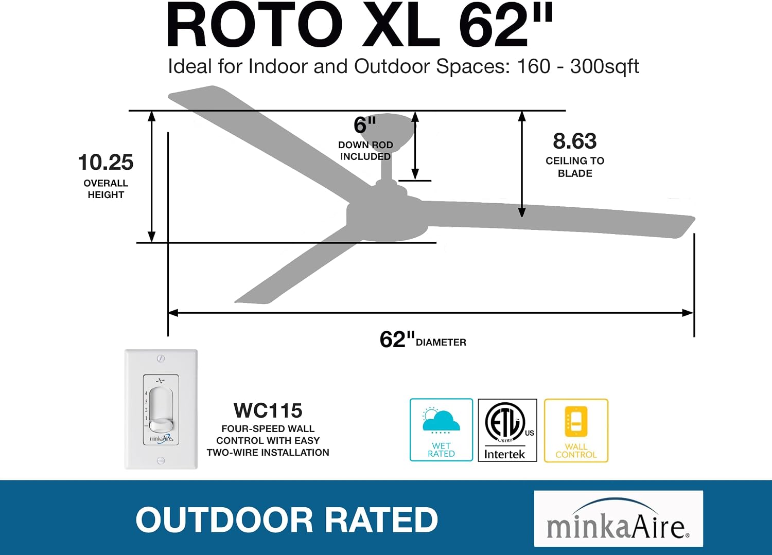 Minka Aire F624-WHF Roto XL 62' 3-Blades Ceiling Fan in Flat White Finish with Flat White Blades