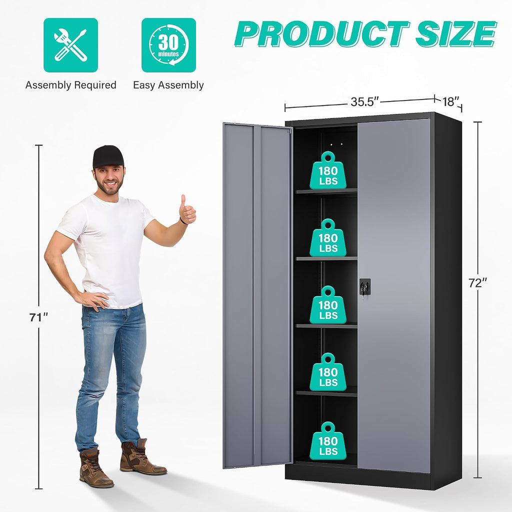 SISESOL Wide & Deep Metal Storage Cabinet with Lock & Adjustable Shelves,72' Gray Garage Storage Cabinet with Locking Doors,Locking Metal Cabinets for Home,Office,Shop,Garage 72x36x18
