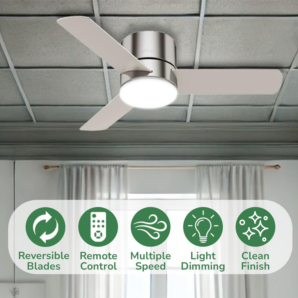 Hunter 44 inch Indoor Ceiling Fan with Light and Remote Control - For Bedroom or Living Room, Low Profile Flush Mount, Modern Ceiling Fan with LED Light, Quiet, 3 Blades- Minimus 59454, Brushed Nickel