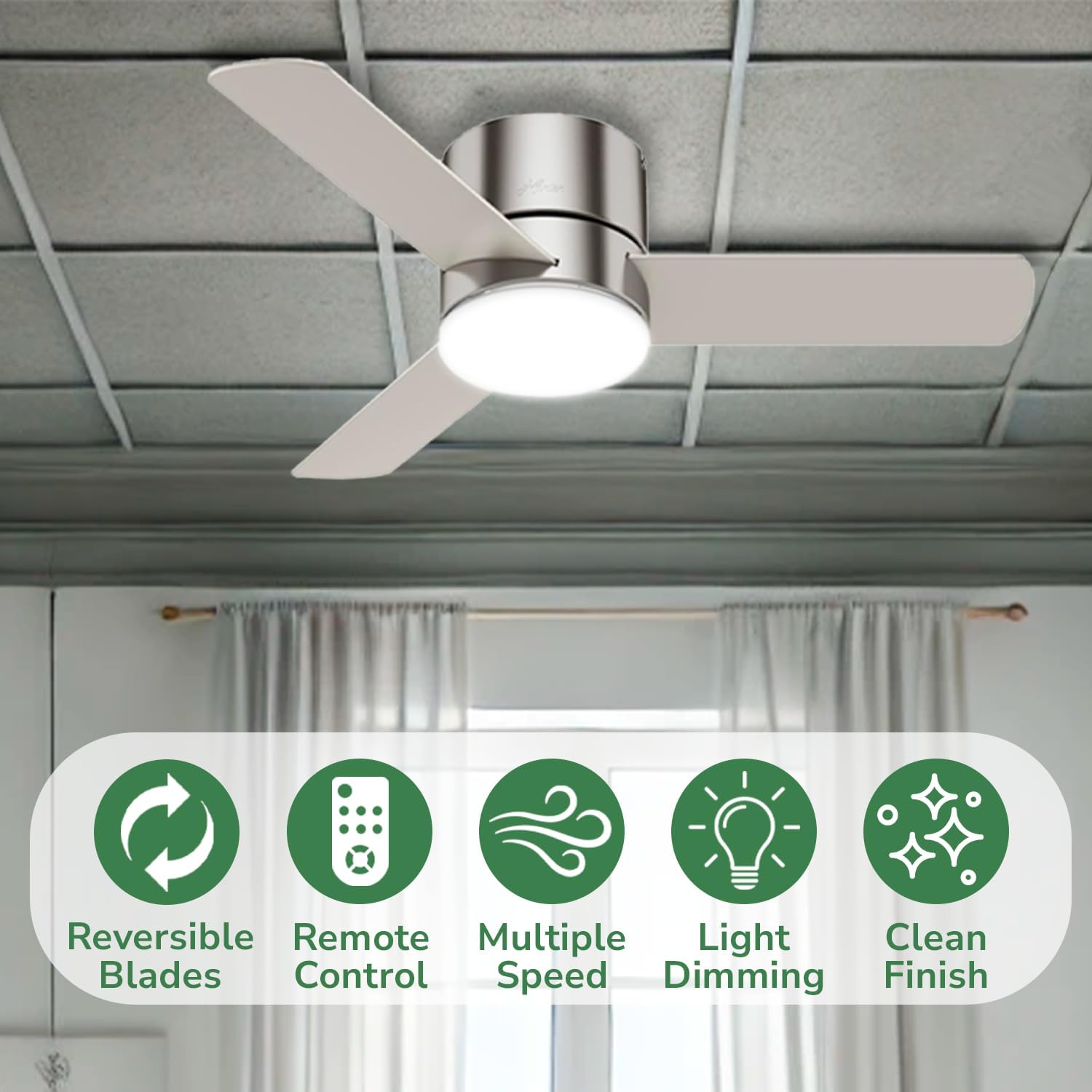 Hunter 44 inch Indoor Ceiling Fan with Light and Remote Control - For Bedroom or Living Room, Low Profile Flush Mount, Modern Ceiling Fan with LED Light, Quiet, 3 Blades- Minimus 59454, Brushed Nickel