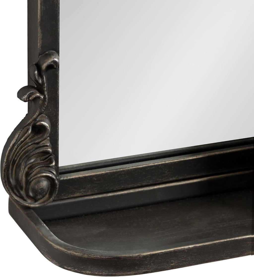 Kate and Laurel Arendahl Traditional Vintage Arch Mirror with Shelf, 16 x 25, Black, Baroque Antique Arched Wall Mirror with Functional Shelf and Ornate Frame
