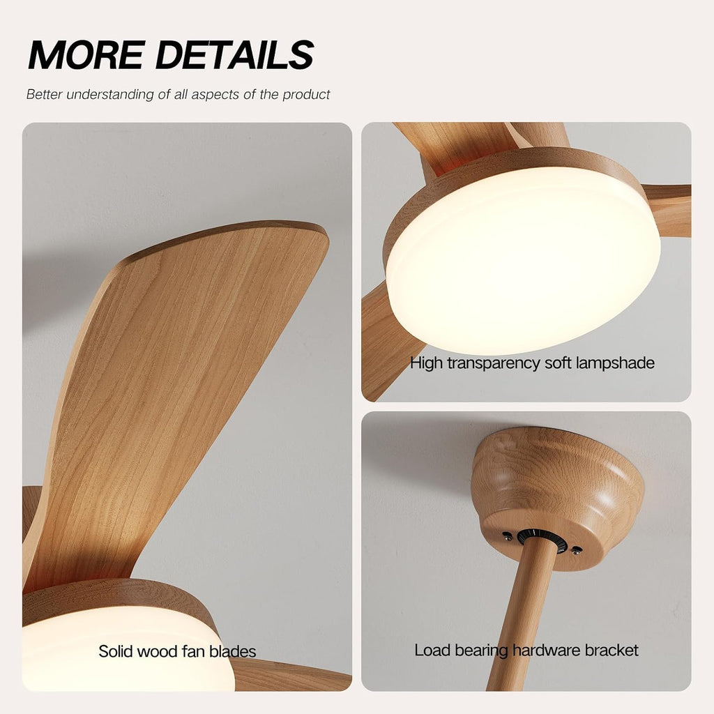 42 Inch Ceiling Fans with Lights, 3 Blades Modern Ceiling Fan with Remote Control, Solid Wood Fan with Light for Patios, Outdoor, Living Room, Dining Room, Bedroom