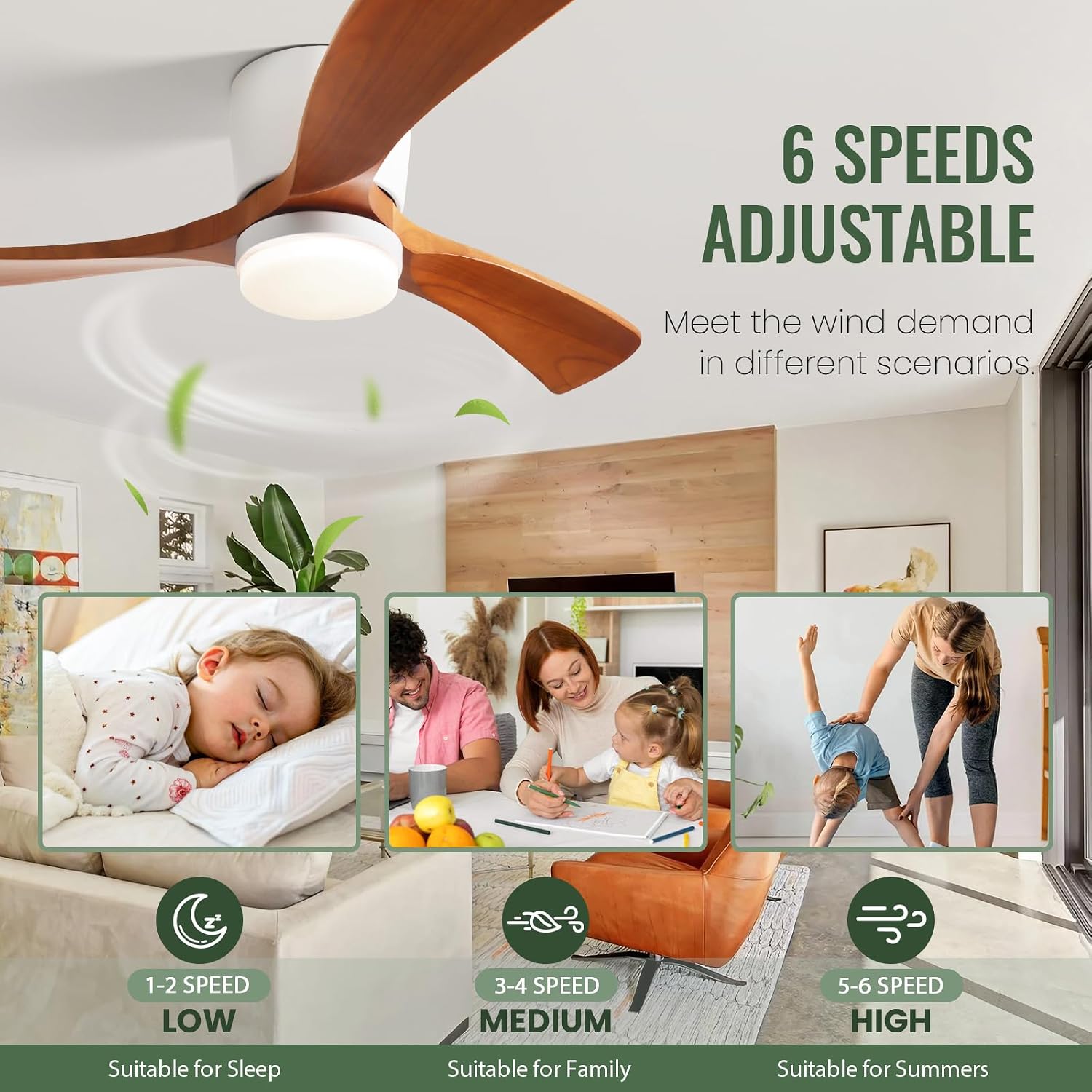 GESUM 42' Flush Mount Ceiling Fan with Lights3 Wood Blades, Reversible,Dimmable, Low Profile Ceiling Fan with Remote Control for Living Room Kitchen Bedroom(White+Wood)