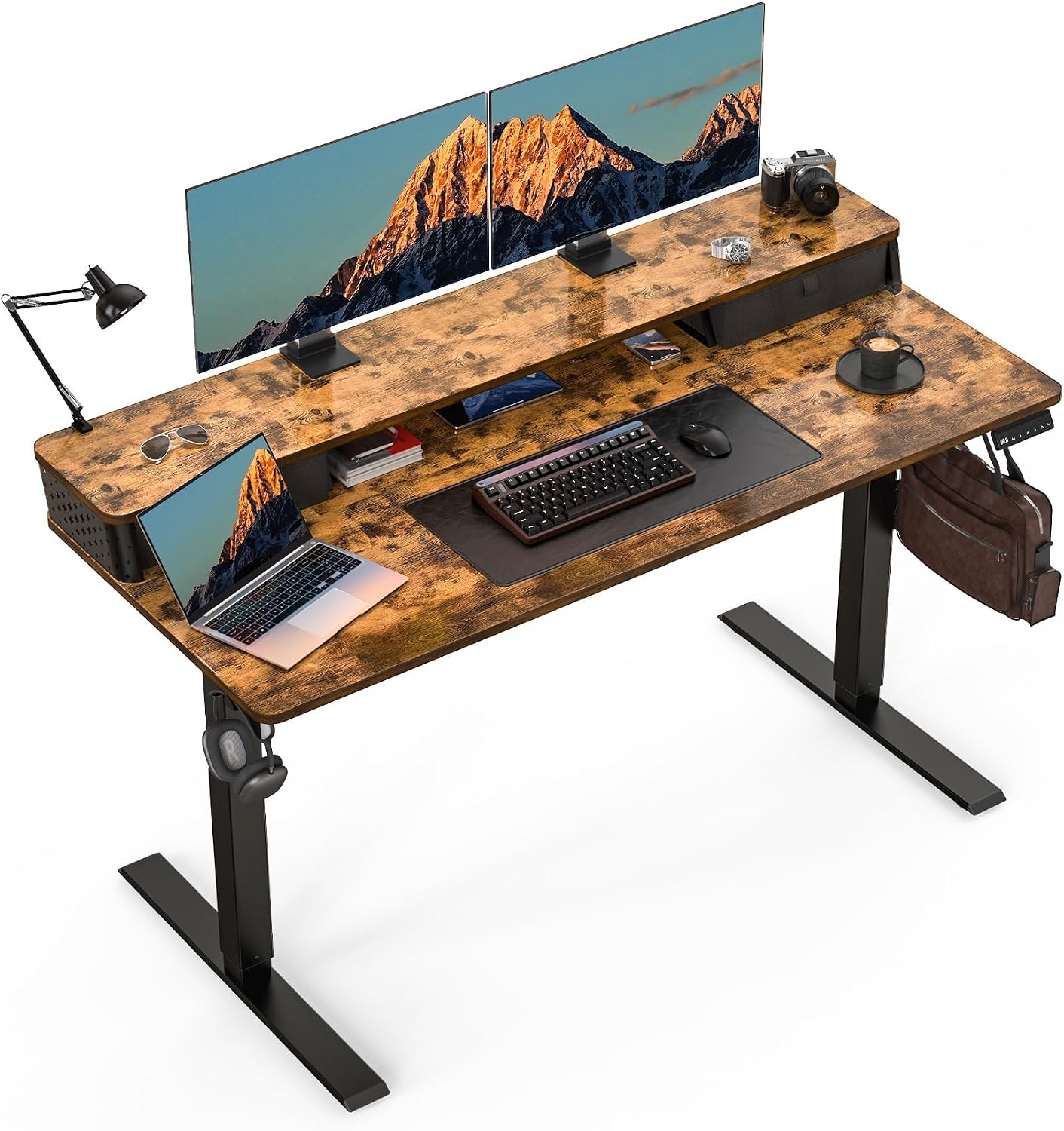 Electric Standing Desk with Two Drawers,55 x 24 Inch Sit Stand Desk Adjustable Height, Stand Up Desk with Storage Shelf, Computer Workstation for Home Office, Rustic Brown