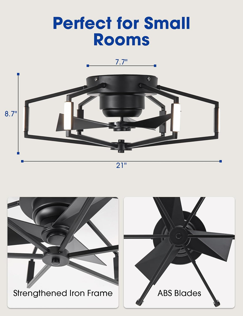 Low Profile Ceiling Fan with Lights and Remote, 21 Inch Flush Mount Black Ceiling Fan for Bedroom, Entryway, Hallway, 6-Speed DC Motor, Reversible 3 Blades, Dimmable LED, 3 Color Temperatures