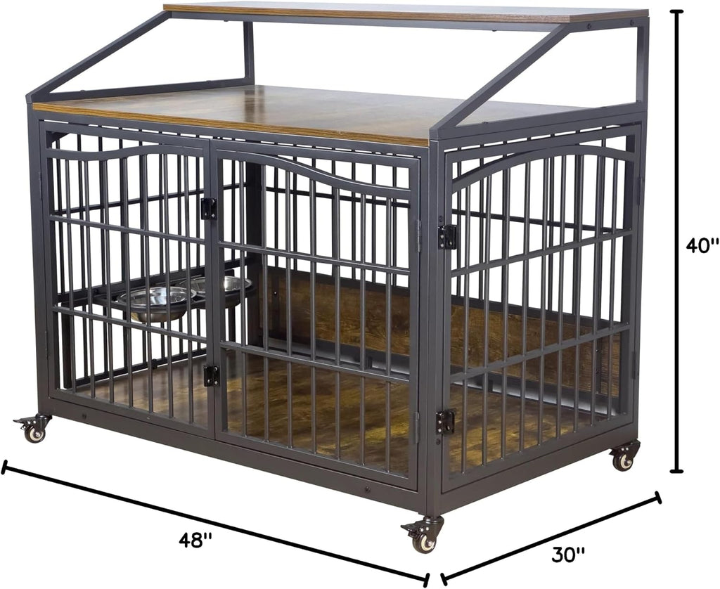 48 Inch Dog Crate Furniture, XXL Kennel Cage Rustic Wooden Pet House End Table Dog Home for Large Dogs with 2 Stainless Steel Bowls Indoor Use 48' L x 30' W x 40' H