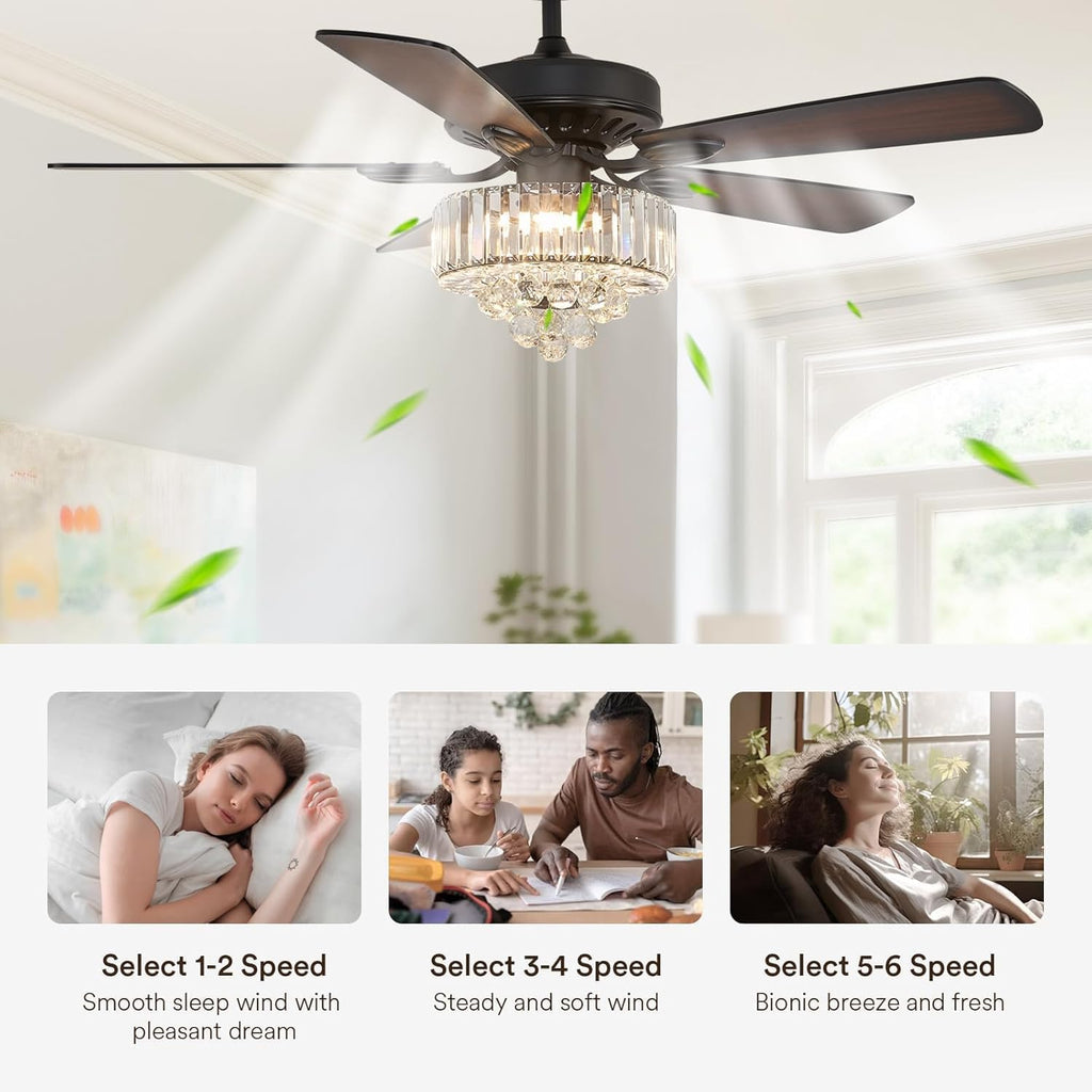NOXARTE 52 Inch Crystal Ceiling Fan with Light, Modern LED Fandelier with Remote, Black Chandelier Fan Reverse Motor Wood Blades with 6 Speeds for Living Dining Room