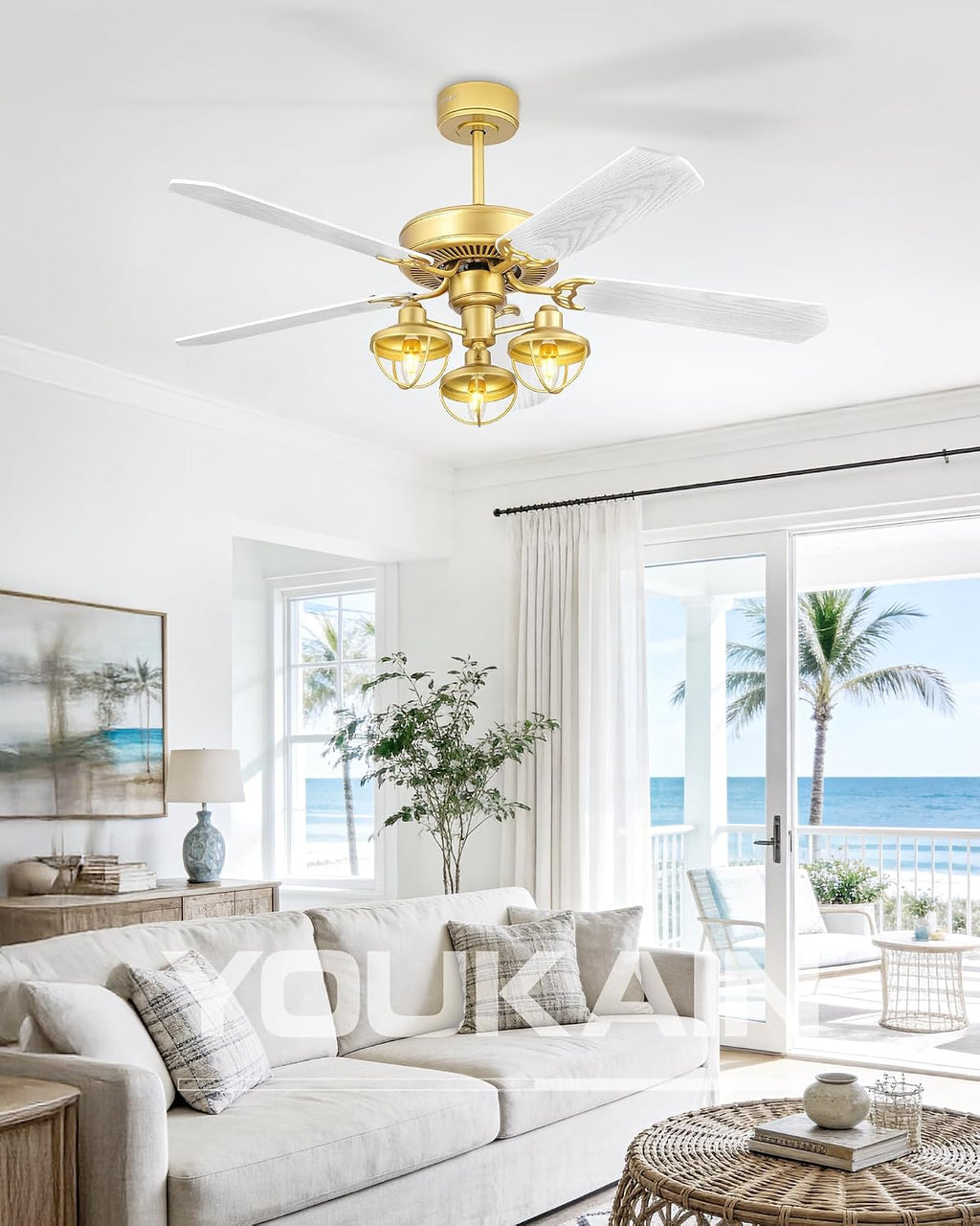 YOUKAIN Farmhouse Wooden Ceiling Fans, 52 Inch Industrial Ceiling Fan with 3 Lights and Remote Control, 5-Reversible Blades Indoor/Outdoor, Gold/Wood Finish, 52-YJ631-GD
