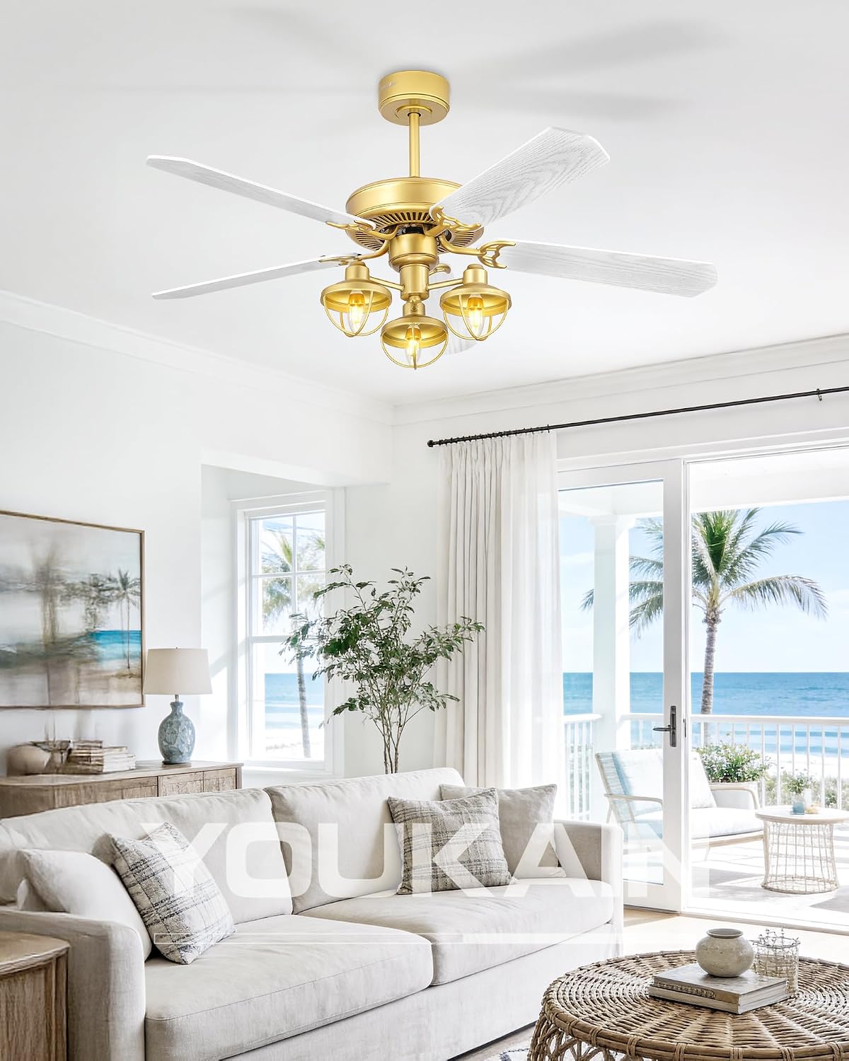 YOUKAIN Farmhouse Wooden Ceiling Fans, 52 Inch Industrial Ceiling Fan with 3 Lights and Remote Control, 5-Reversible Blades Indoor/Outdoor, Gold/Wood Finish, 52-YJ631-GD