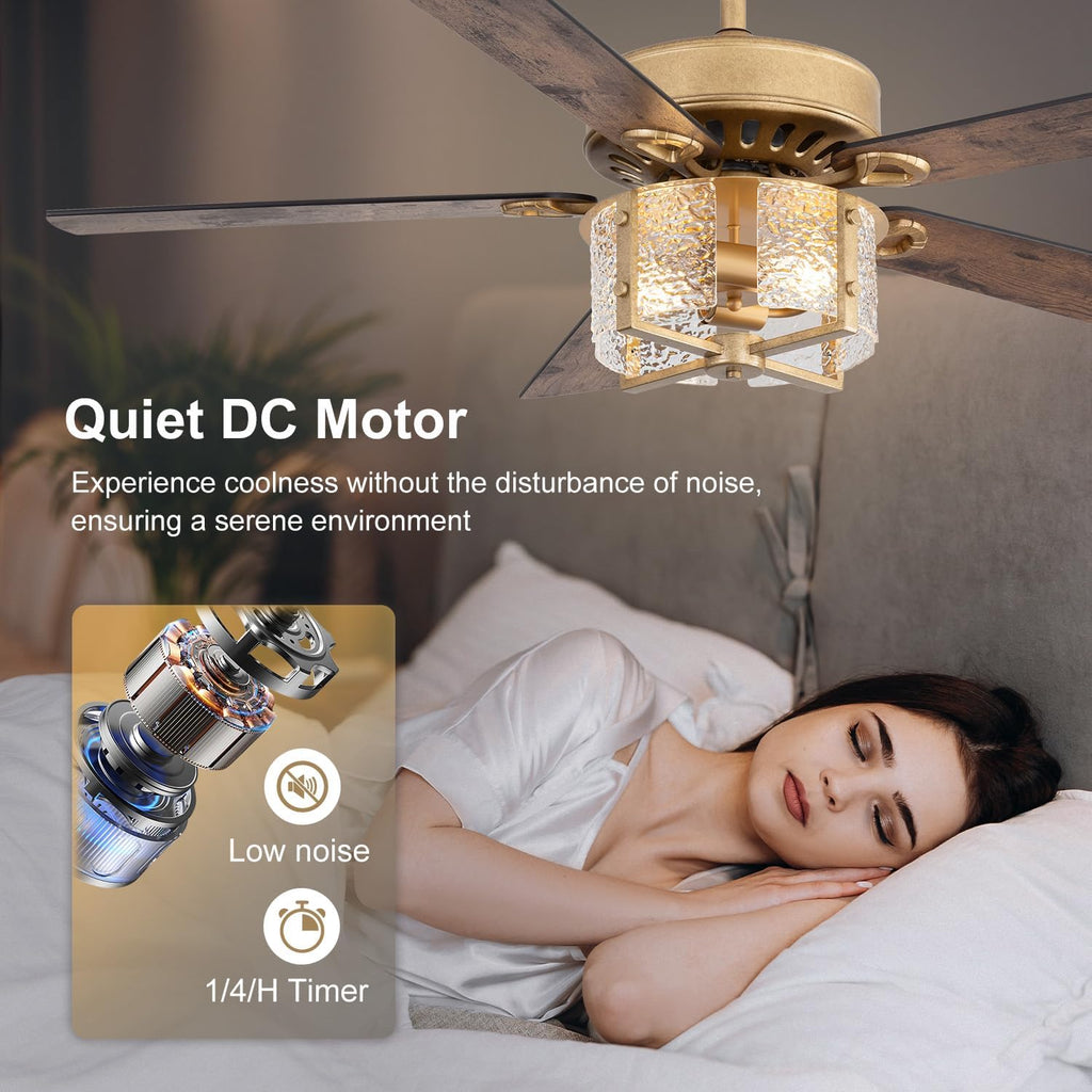 52 Inch Rustic Farmhouse Ceiling Fan with Light Kit & Remote, Ultra Quiet DC Motor, Reversible 5-Blade Design, Antique Light Fixture, Dual Downrod for Low/High Ceilings - Vintage Black Gold