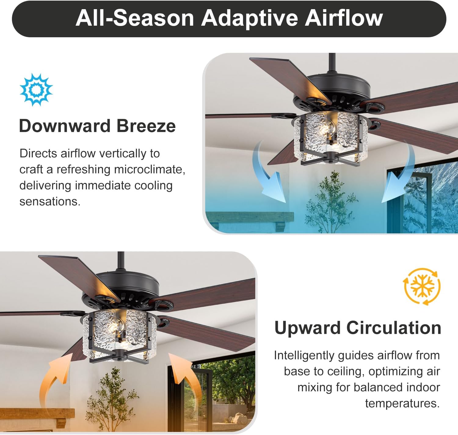 52 Inch Modern Farmhouse Ceiling Fan with Light Kit & Remote, Ultra Quiet DC Motor, Reversible 5-Blade Design, Antique Light Fixture, Dual Downrod for Low/High Ceilings - Vintage Black