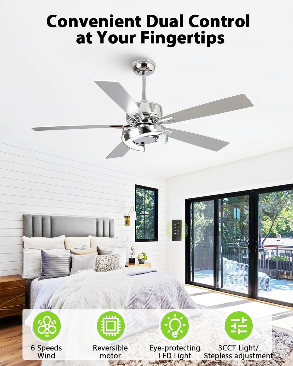 52 Inch Silver Ceiling Fans with Lights and Remote, Creative Modern Ceiling Fan, 3CCT, 6 Speeds, Quiet, Dual-Sided Reversible 5 Blades Indoor Outdoor Chandelier Fan for Bedroom Living Room