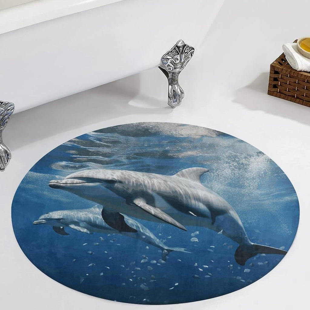 Cute Dolphins Coral Velvet Round Floor Mat Non-Slip Bath Rug Floor Covering for Bathroom Vanity Guest Suite & Vacation Home
