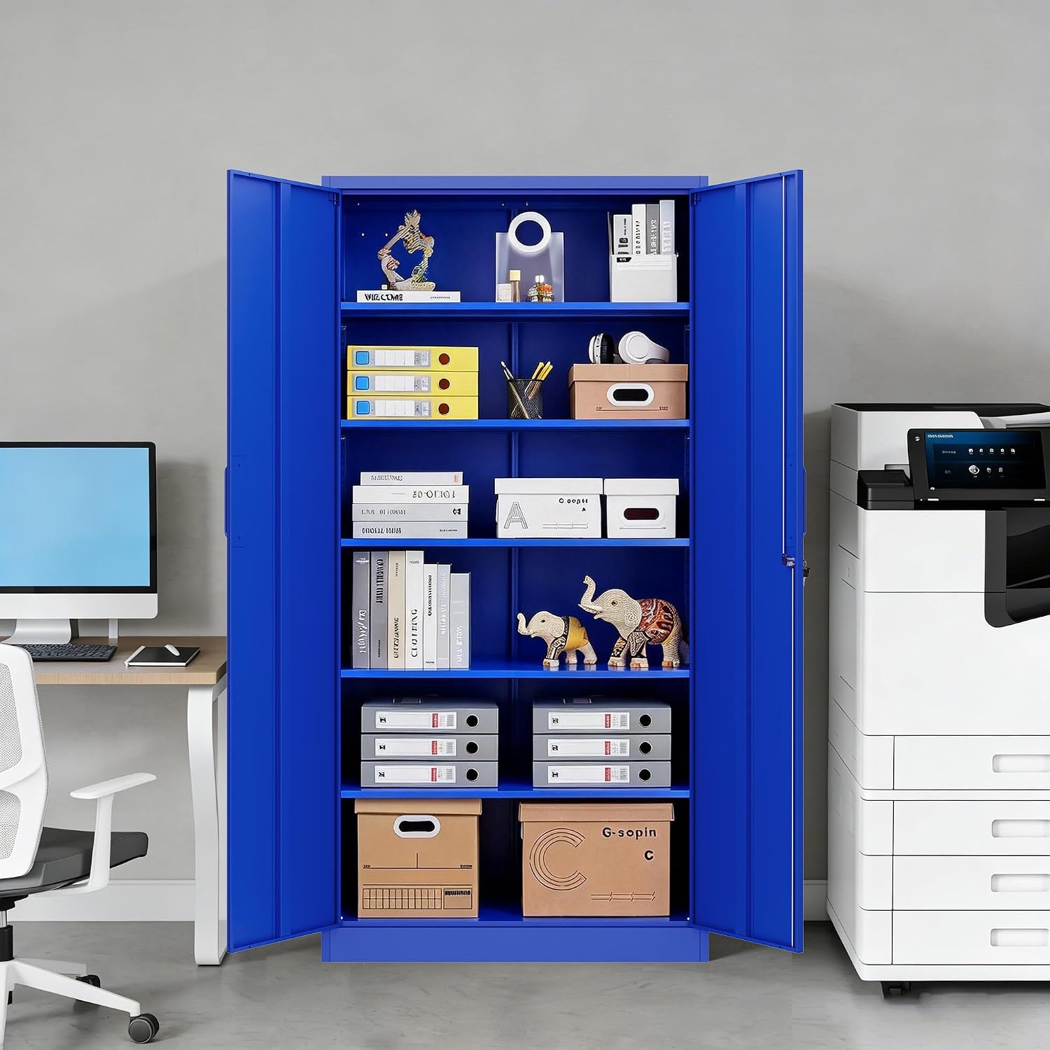 Metal Cabinet with Lock, Tall Storage Cabinet with Door and Adjustable Shelves,Blue Steel Storage Cabinets for Garage,Home Office,Pantry,School,Hospital