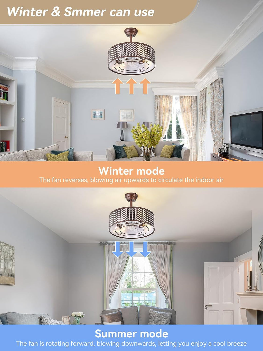 Brown Fandelier Ceiling Fan with Light, 20' Caged Boho Ceiling Fans with Lights and Remote, Mid Century with 6 Speeds for Bedroom, Living Room, Nursery