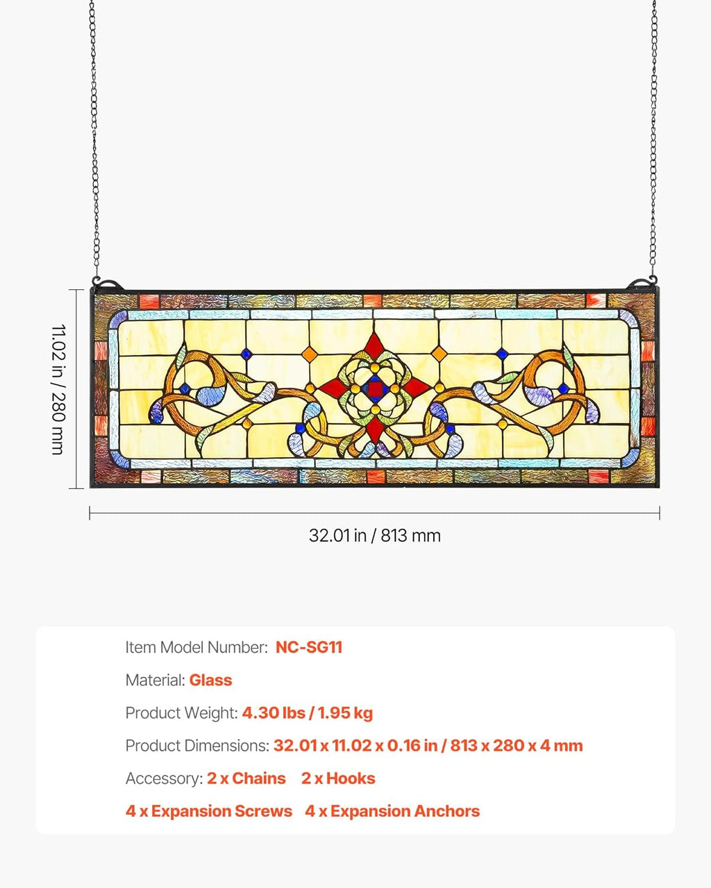 VEVOR Stained Glass Window Panel, 32' x 11' Tiffany Style Hanging Transom Window Panel with Chain, Large Horizontal Rectangle Stain Glass, Vintage Traditional Art Handcrafts for Kitchen Home Decor