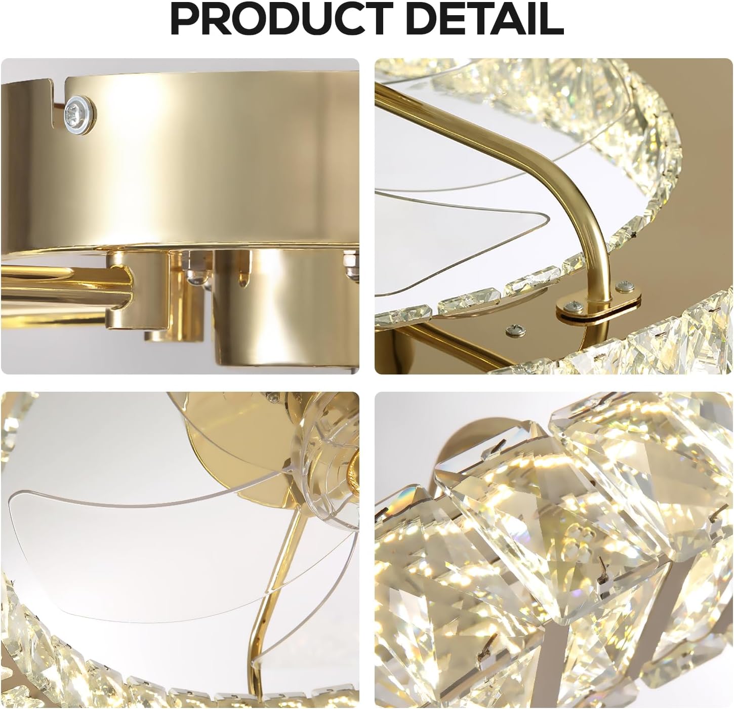 22' Low Profile Flush Mount Ceiling Fan, Ceiling Fan with Light and Remote, Dimmable Fandelier with Crystal Lampshade, Bladeless Enclosed Fan Light-Gold