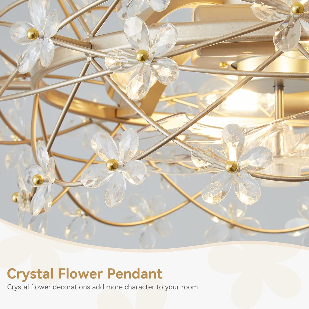 20' Gold Crystal Fandelier Ceiling Fans with lights, Gold Caged Flower ceiling fan with Remote Control, Chandelier with 6 Speeds for Bedroom, Nursery, Living Room