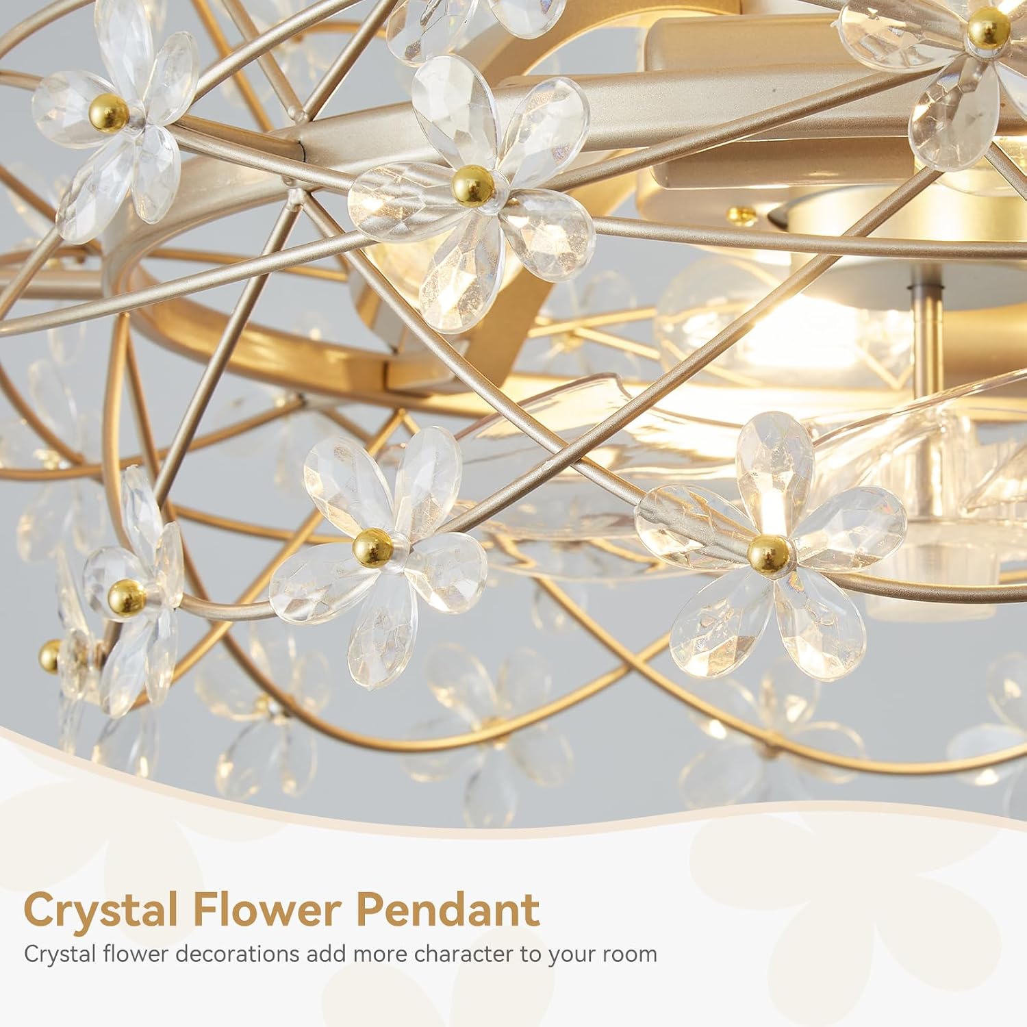 20' Gold Crystal Fandelier Ceiling Fans with lights, Gold Caged Flower ceiling fan with Remote Control, Chandelier with 6 Speeds for Bedroom, Nursery, Living Room