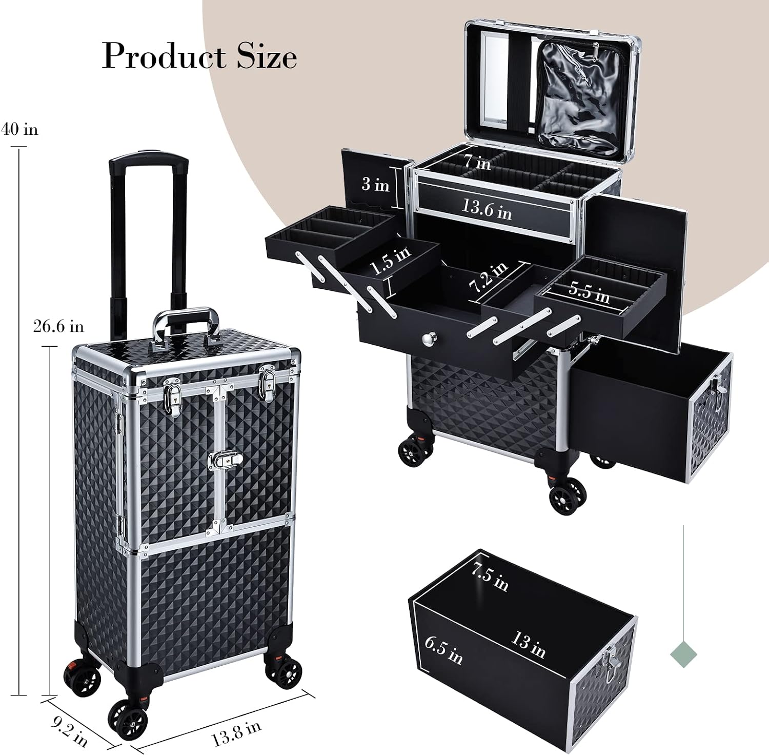 Professional Makeup Train Case Extendable Cosmetology Case on wheels | Rolling makeup station with a drawer and trays, ideal for makeup artists or dance competitions. Super organized.