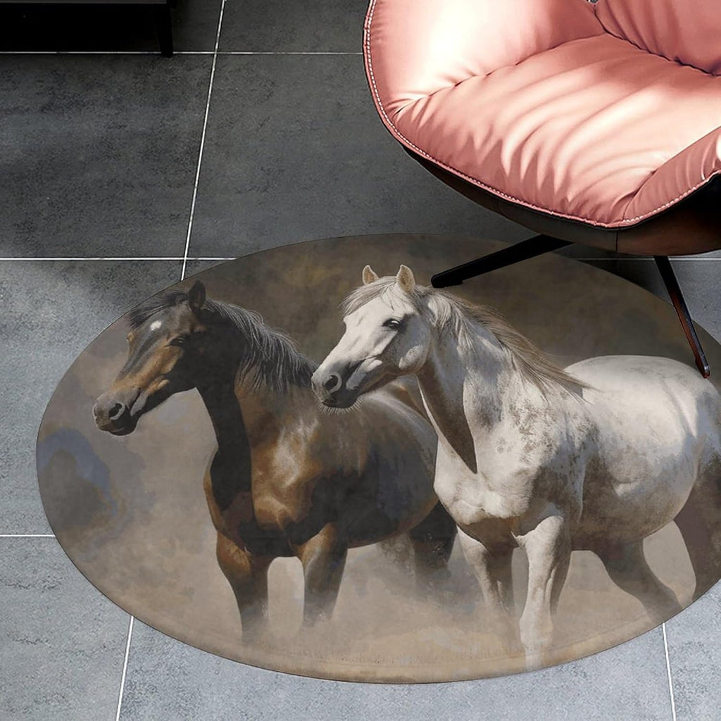 Horses Animals Coral Velvet Round Floor Mat Non-Slip Bath Rug Floor Covering for Bathroom Vanity Guest Suite & Vacation Home