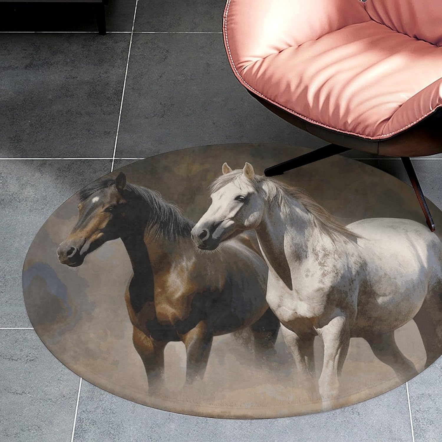 Horses Animals Coral Velvet Round Floor Mat Non-Slip Bath Rug Floor Covering for Bathroom Vanity Guest Suite & Vacation Home