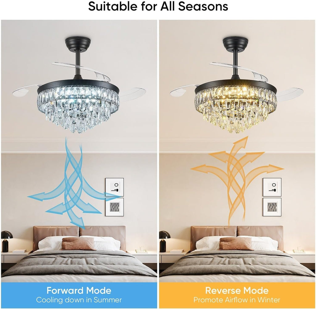 48 Inch Chandelier Ceiling Fan with Lights, Retractable Fan with Remote and APP, Crystal Fandelier Ceiling Fan, Dimmable LED, Reversible Motor, Quiet for Bedroom Living Room-Black
