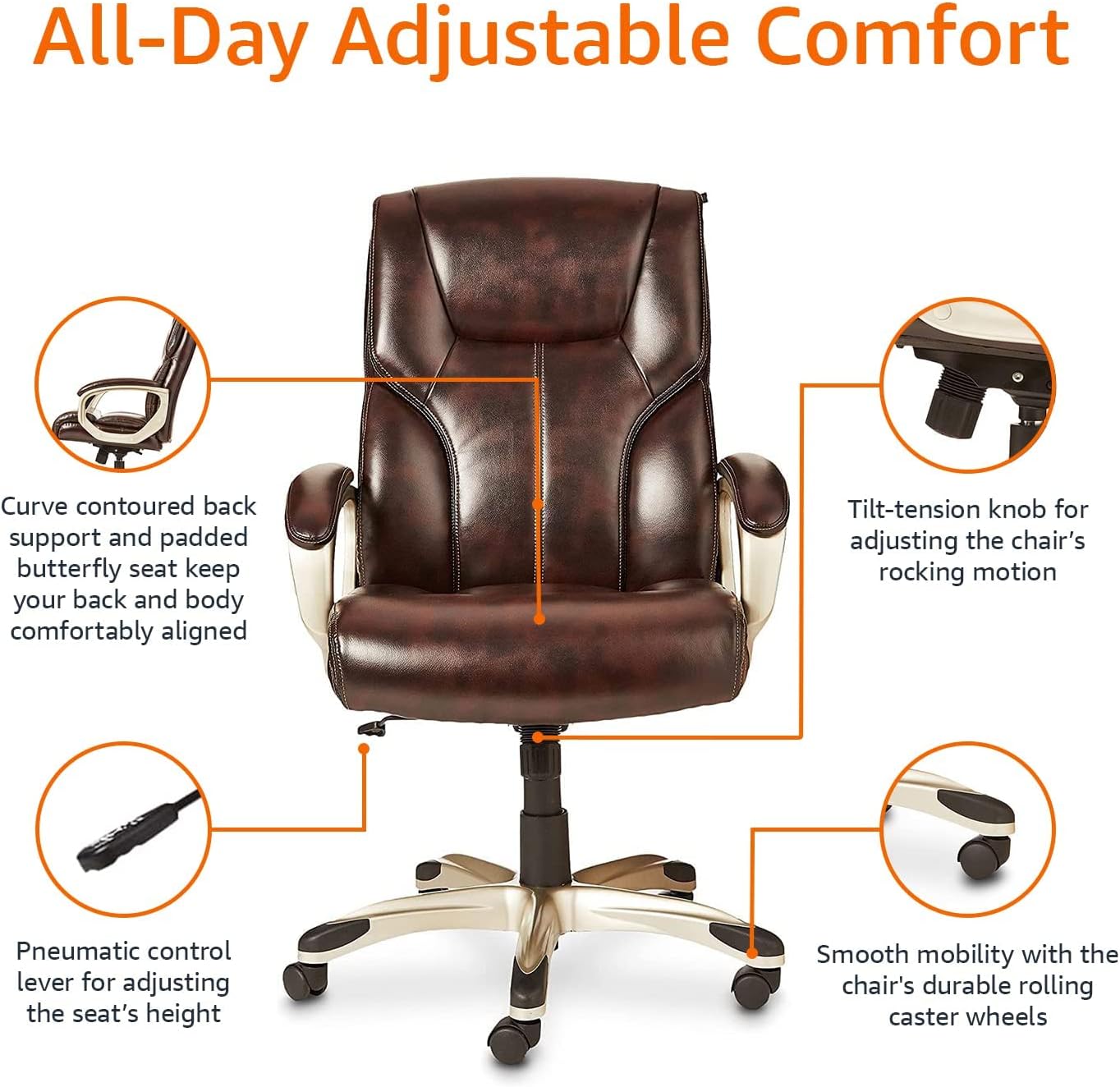 Amazon Basics Executive Home Office Desk Chair with Padded Armrests, Adjustable Height and Tilt, Rolling Swivel Chair, 275 Pound Capacity, Brown and Gold