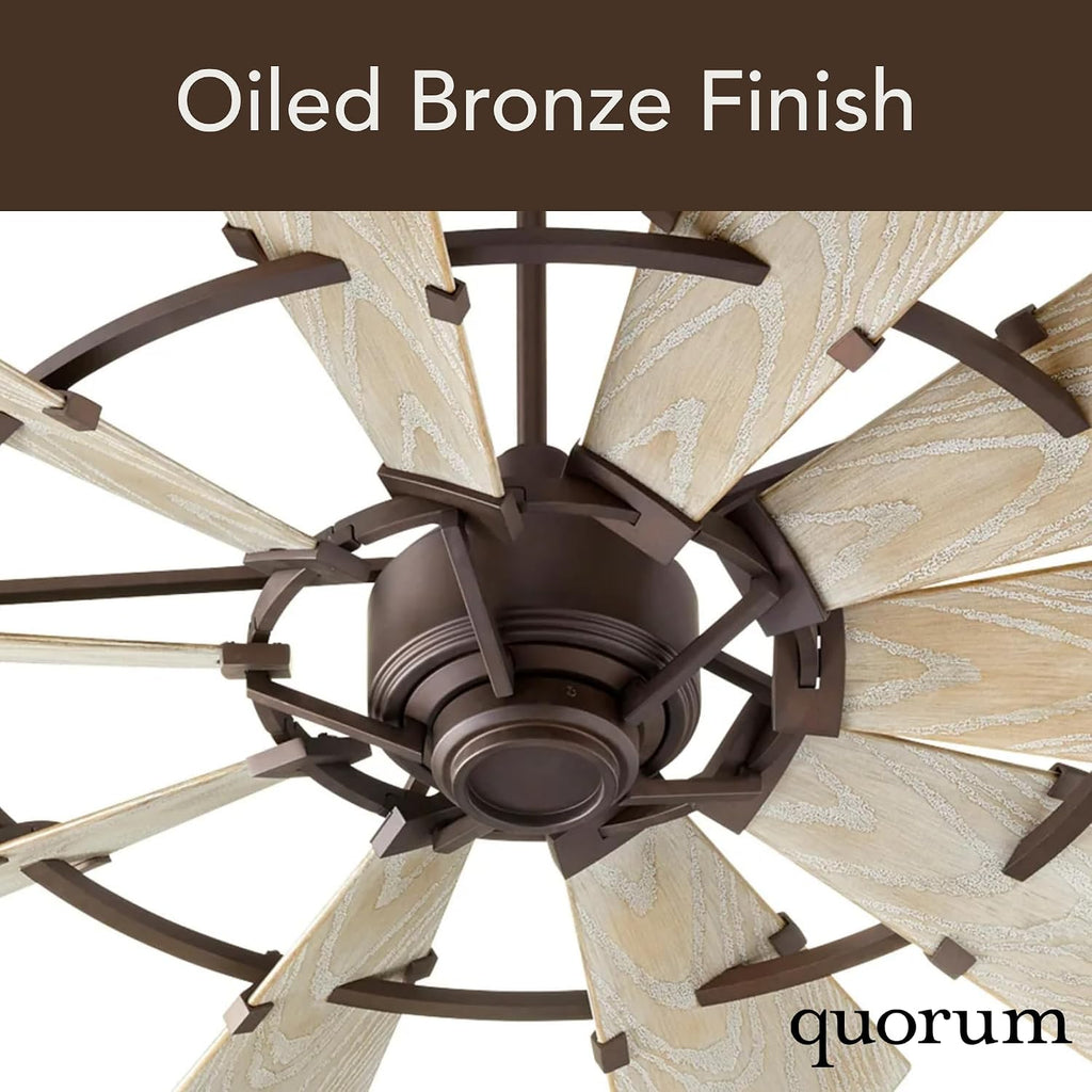 Quorum 94410-86 Windmill 44 Inch Ceiling Fan | 10 Blade Wagon Wheel Design | 6 Speed Reversible DC Motor | Remote Control Included | Dry Rated Ceiling Fan | Weathered Oak Blades | Oiled Bronze Finish