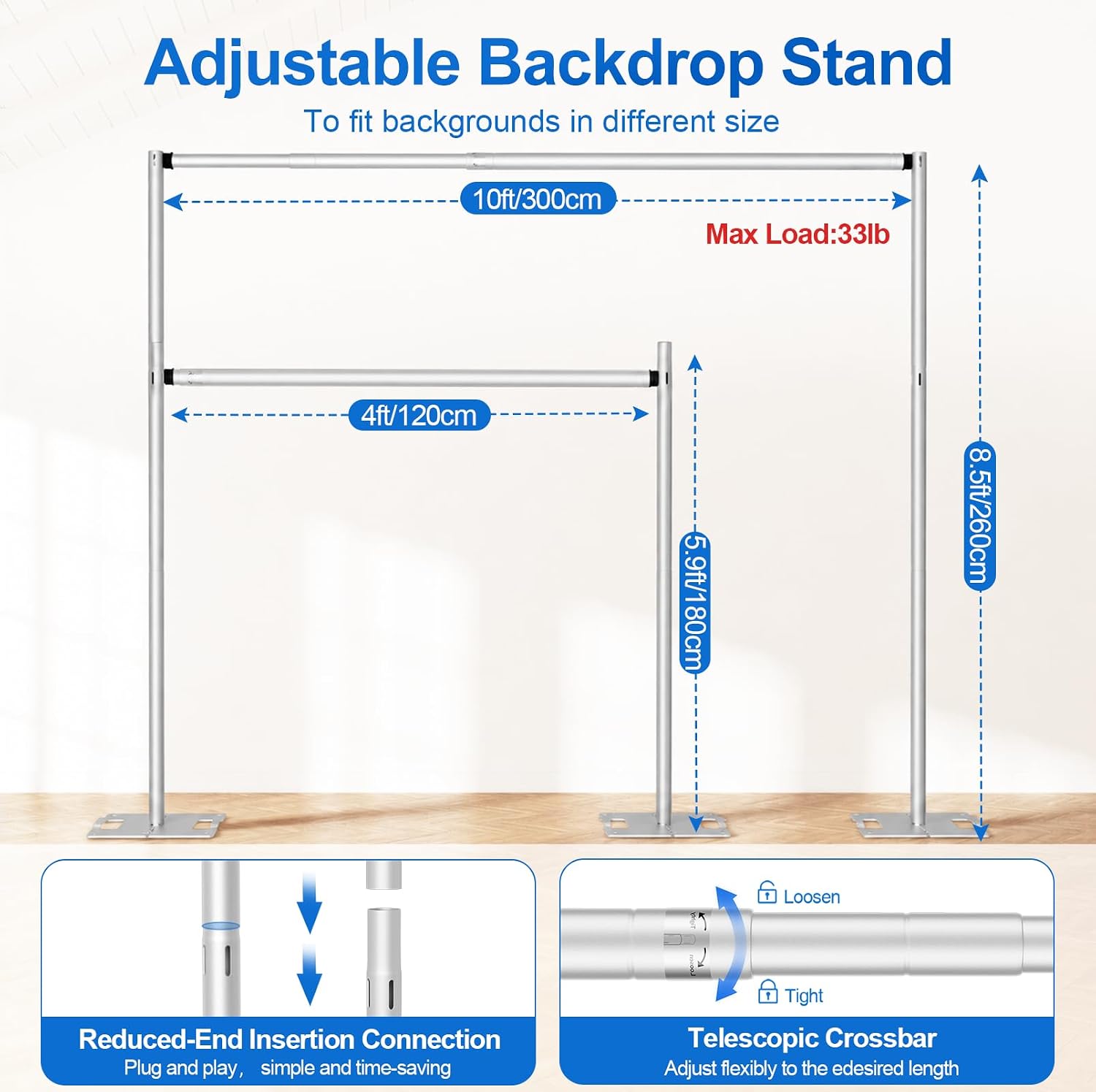 EMART 8.5 * 10ft Pipe and Drape Backdrop Stand KIt, Adjustable Heavy Duty Photo Background Stand Back Drop for Birthday Party Wedding Christmas Decorations