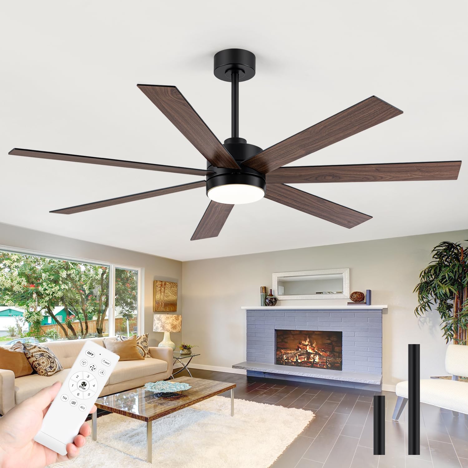 Farmhouse Ceiling Fans with Lights and Remote, 62 Inch Industrial Black Ceiling Fans with 6-Speed Reversible DC Motor, 3 CCT, Dual Finish 7 Blades, Indoor/Outdoor Ceiling Fan for Patio Bedroom