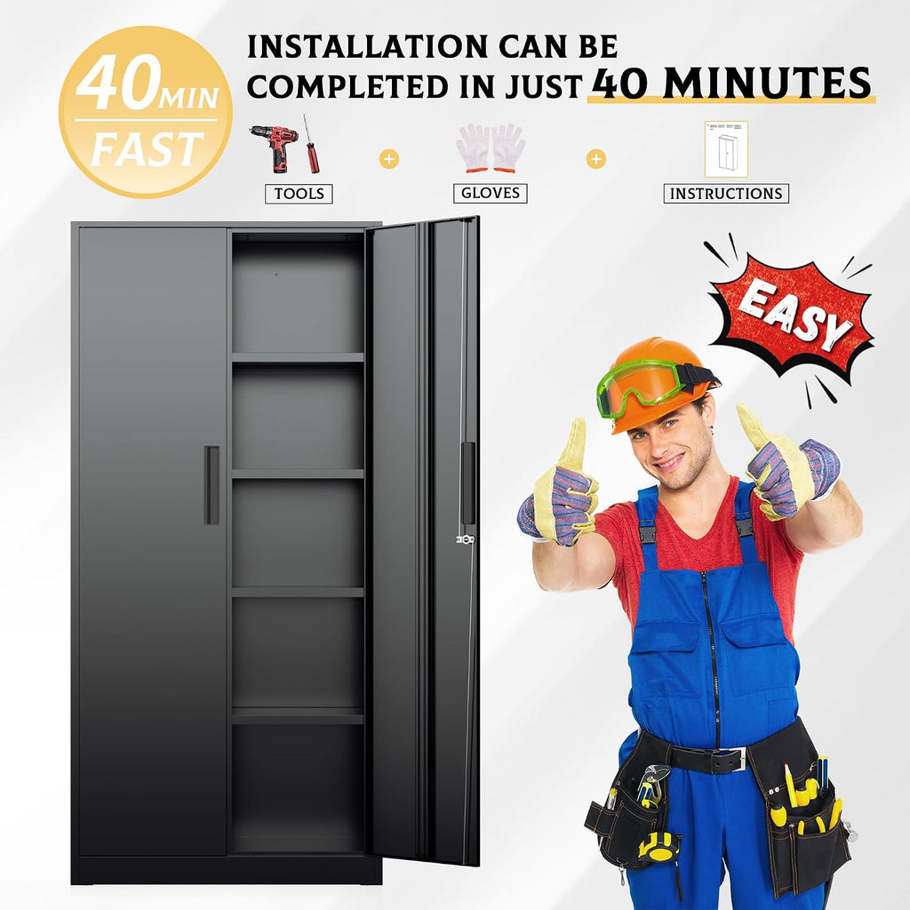 SUNCROWN Metal Storage Cabinets with Lock, Tool Cabinet, 72' Locking Steel Storage, Tall Locker Organizer Garage Cabinets with 2 Doors and 4 Shelves for Home,Office,Warehouse,Garage,School(Black)