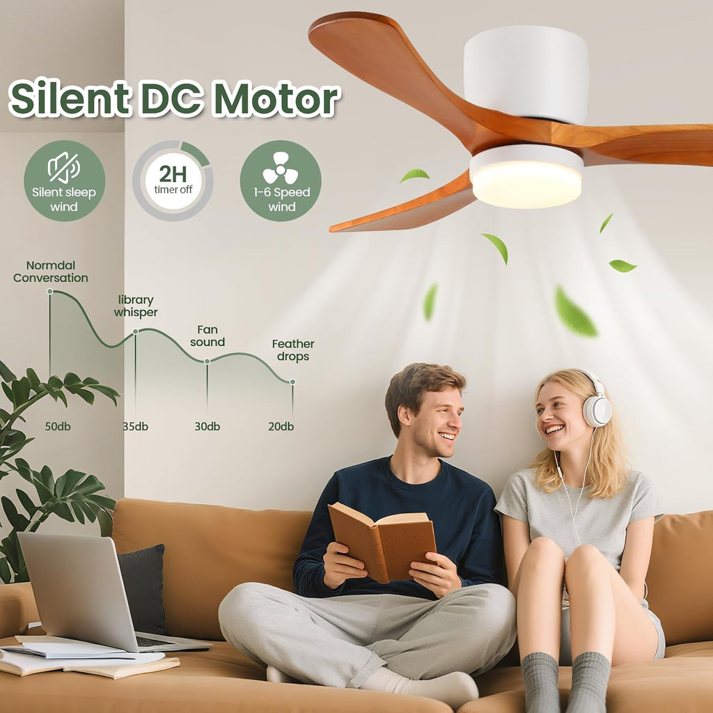 GESUM 42' Flush Mount Ceiling Fan with Lights3 Wood Blades, Reversible,Dimmable, Low Profile Ceiling Fan with Remote Control for Living Room Kitchen Bedroom(White+Wood)