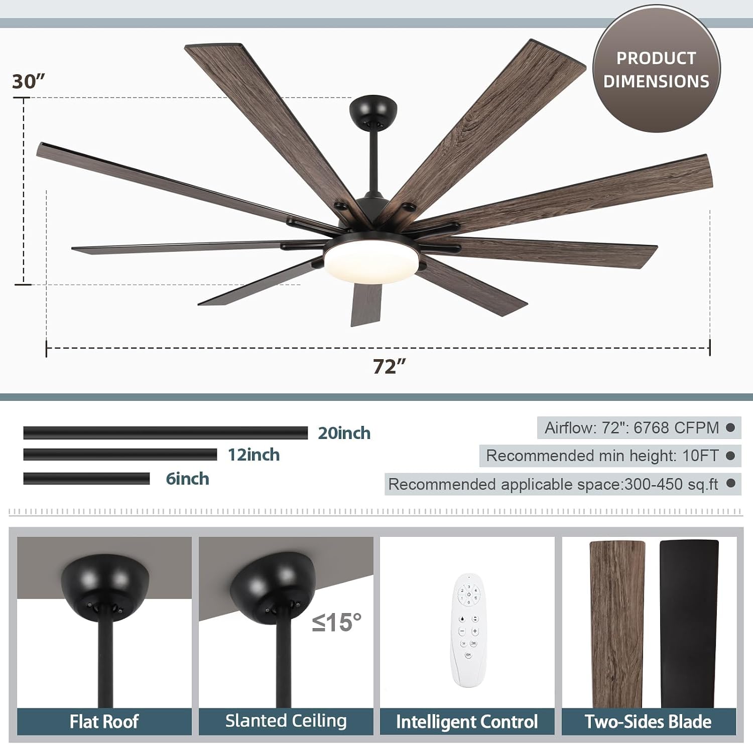 72 Inch Large Outdoor Ceiling Fan, Black Ceiling Fans with Lights and Remote, 9 Fan Blades, Dimmable, Reversible, 6-Speeds, 3-Colors Temperature, for Living Room/Office/Patio