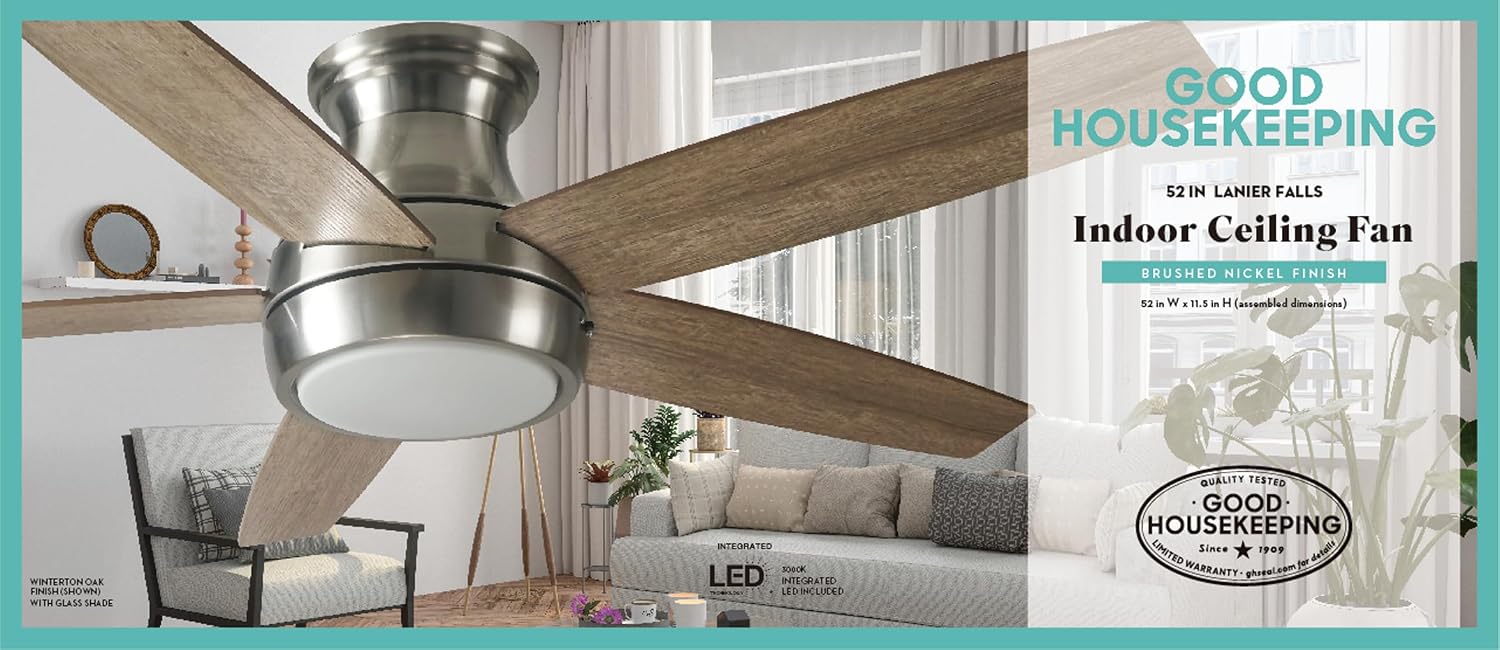 Good Housekeeping 63011R-BN Lanier Falls 52' Ceiling Fan with 5 Reversible Blades, Integrated LED & Remote Control, Brushed Nickel