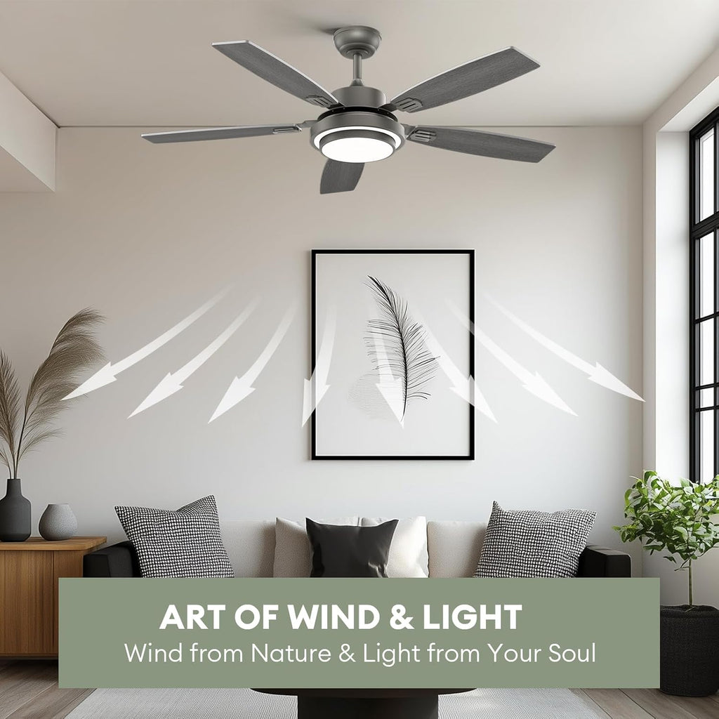 52 Inch Ceiling Fans with Lights and Remote Control, Ceiling Fan for Bedroom Living Room and Patio, Medium Grey Ceiling Fan for Indoor and Outdoor
