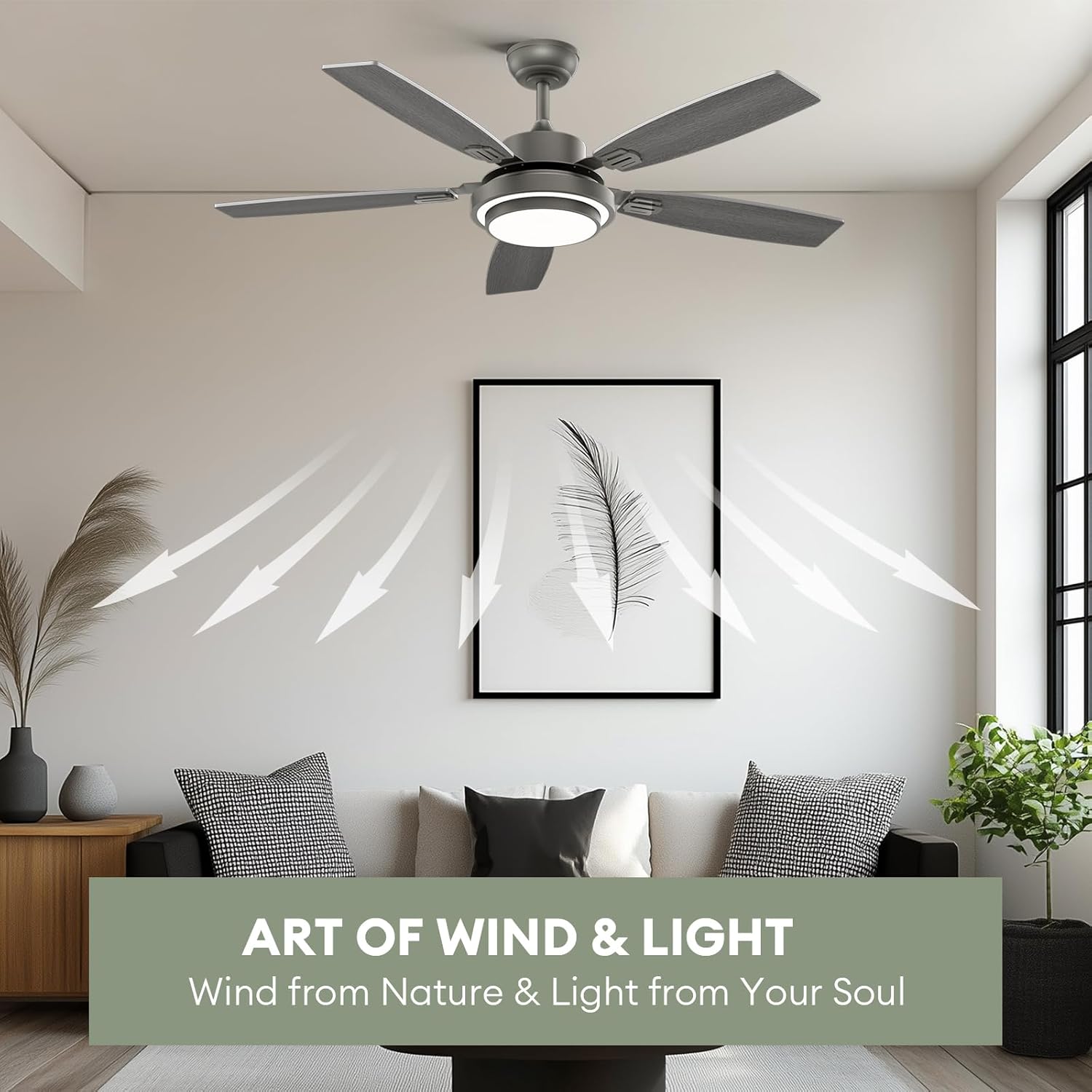 52 Inch Ceiling Fans with Lights and Remote Control, Ceiling Fan for Bedroom Living Room and Patio, Medium Grey Ceiling Fan for Indoor and Outdoor