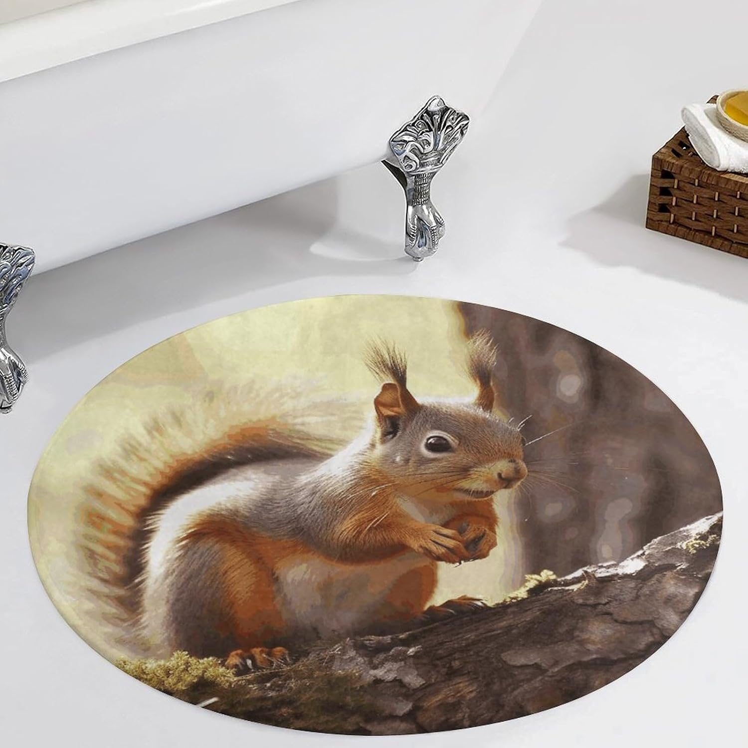 Funny Squirrel Coral Velvet Round Floor Mat Non-Slip Bath Rug Floor Covering for Bathroom Vanity Guest Suite & Vacation Home