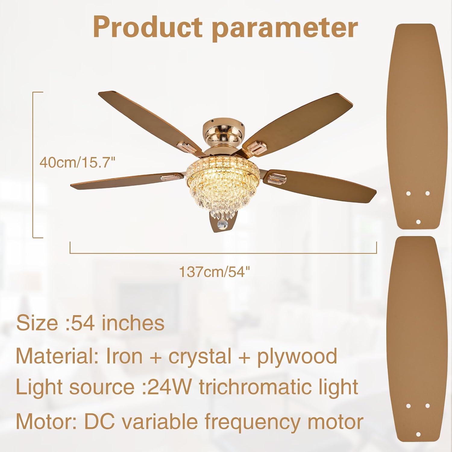 Crystal Ceiling Fan Fandelier with Lights-Ceiling Fans with Lights,54' Low Profile and Remote Control, Flush Mount, Reversible, Dimmable, Noiseless,Gold Ceiling Fan for Bedroom