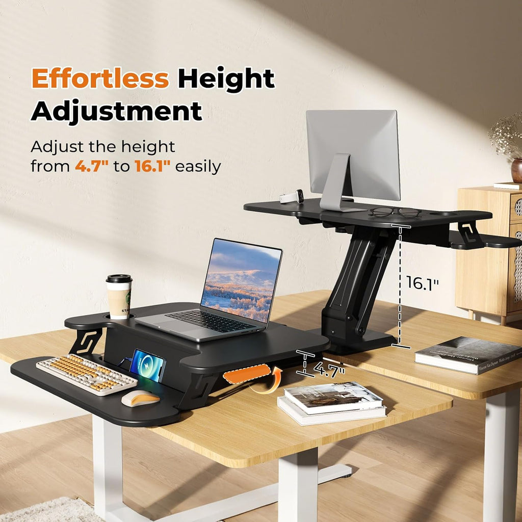 Electric Standing Desk with Clamp-on Desk Converter, Desktop Riser with Keyboard Tray Add on Home Office Desk