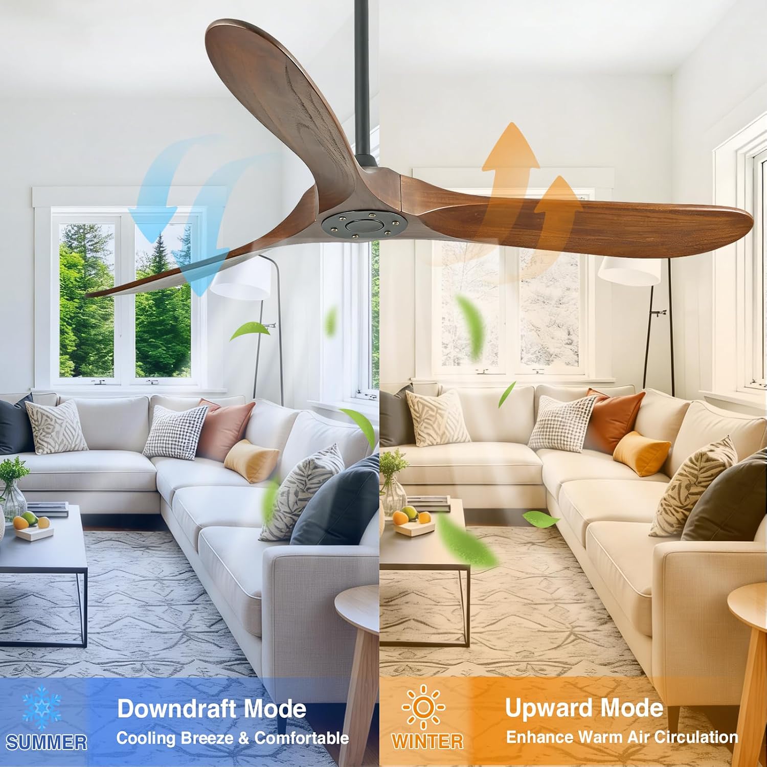 60 Inch Wood Ceiling Fan No Light, Indoor Outdoor Ceiling Fan without Lights with Remote, 3-Blade Reversible DC Motor Fan for Covered Patio Porch Bedroom Living Room, Walnut